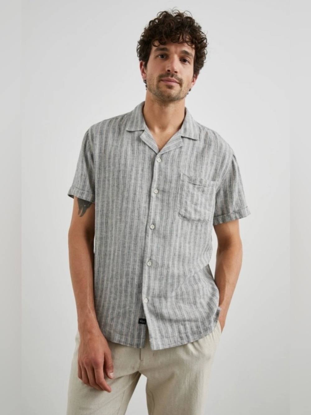Rails Waimea Tan Navy Striped Linen Blend Short Sleeve Work Vacation Button Down